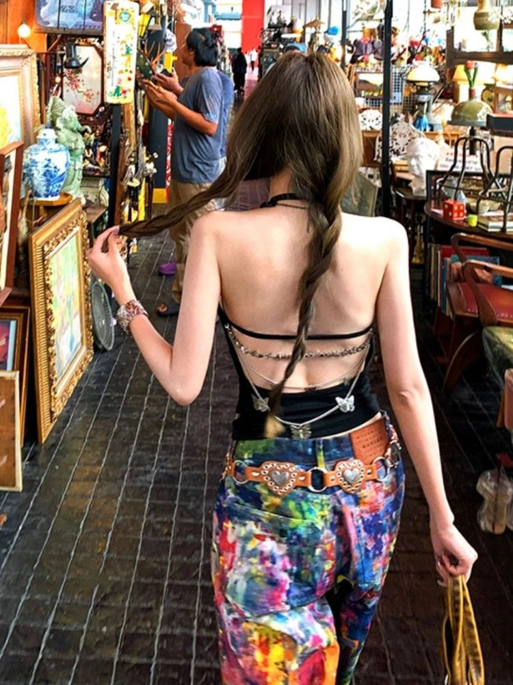 Aiertu  -  Streetwear Backless Vintage Butterfly Chain Tank Top Summer Sexy Halter Fairy Camisoles Women Y2k Aesthetic Solid Grunge Vest Aiertu