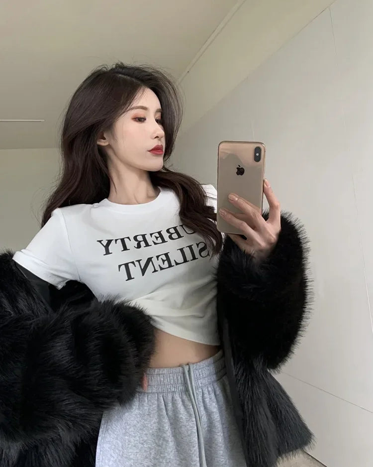 Aiertu  -  Short Sleeved T-shirt Women's Short Base Shirt 2026 Spring and Summer Slimming Slim Fit Letter White Student Top Female Clothes Aiertu