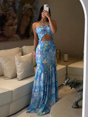 Aiertu  -  Chic  Hollow Out Printed Halter Long Dress Women Backless Off Shoulder Patchwork Ruffle Summer 2026 Dresses Party Vacation Robe Aiertu