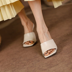 Aiertu  Open Toe Sandals Slip On Sandals Sheepskin Real Leather High Heels Women's Summer Slippers French Style Ladies Simple Shoes Aiertu