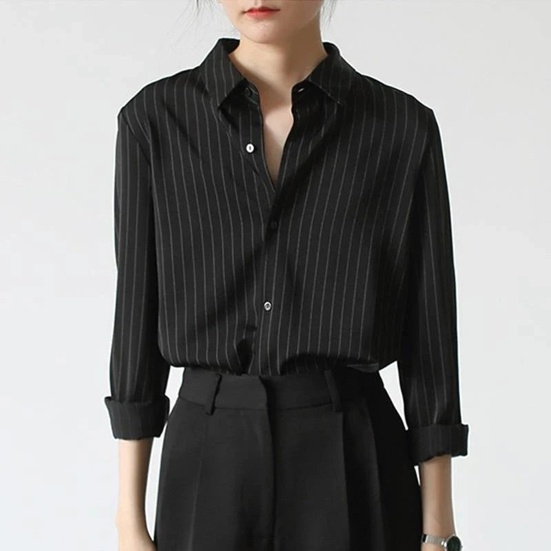Aiertu Vintage Black Striped Shirts Women Office Long Sleeve Loose Casual Blouses Lady Korean Fashion Elegant Chic All Match Tops Aiertu