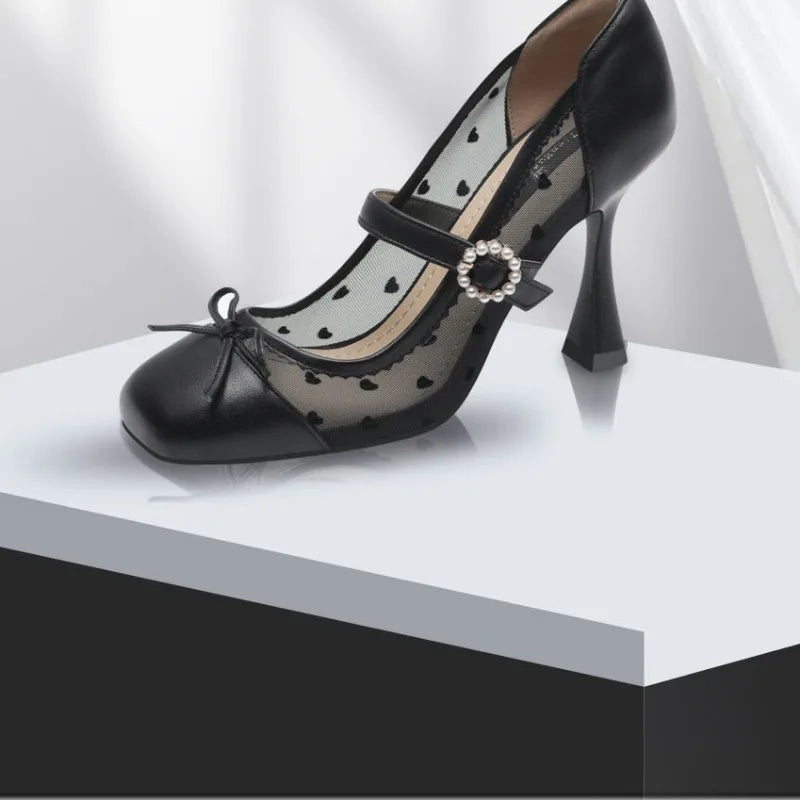 Aiertu  -  Sexy mesh high heels pumps new selling thin heel shallow mouth breathable black temperament women square head single shoes Aiertu
