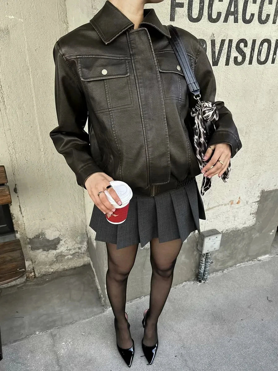 Aiertu  -  Solid Distressed Two-piece Set Women Long Sleeve PU Leather Jackets+Mini Skirts Sets American Vintage Streetwear Outerwear New Aiertu