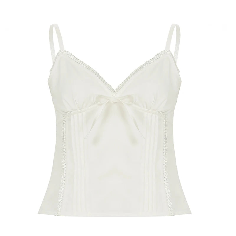 Aiertu  -  Solid Fold Texture Bow Sexy Camisole Deep V-neck Casual Streetwear All-match White Summer Top Chic Vintage Vest Aiertu