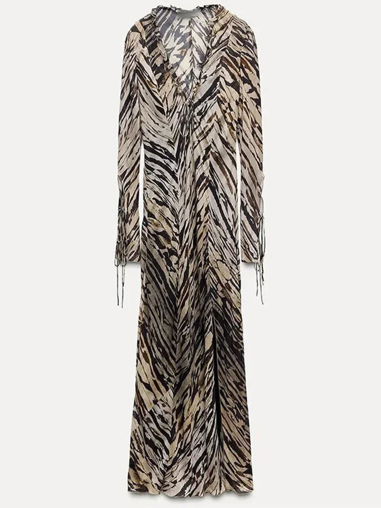Aiertu  -  Elegant Stripe Print Flare Sleeves Maxi Dress For Women Sexy Hollow Out Lace-up Long Robes 2026 Autumn New Lady Street Vestidos Aiertu
