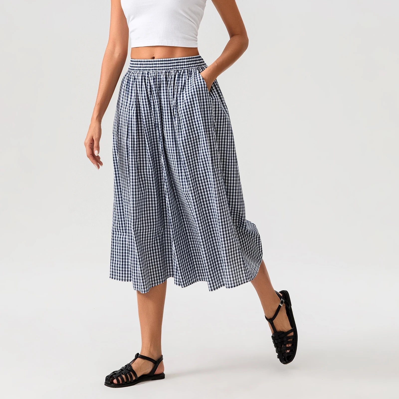 Aiertu  -  Women Summer Plaid Print Capri Culottes Elastic Waistband Wide Leg Loose Side Pocket Casual Pull On Trousers Aiertu