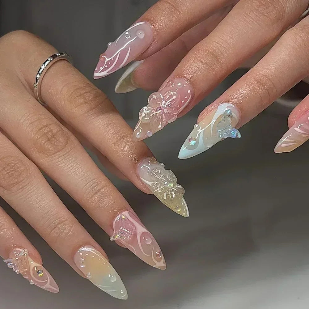 Aiertu 24Pcs Pink Almond French Press on Nails With 3D Bow ripple charms Design Fake Nails Ballerina False Nails Full Cover Nail Tips Aiertu