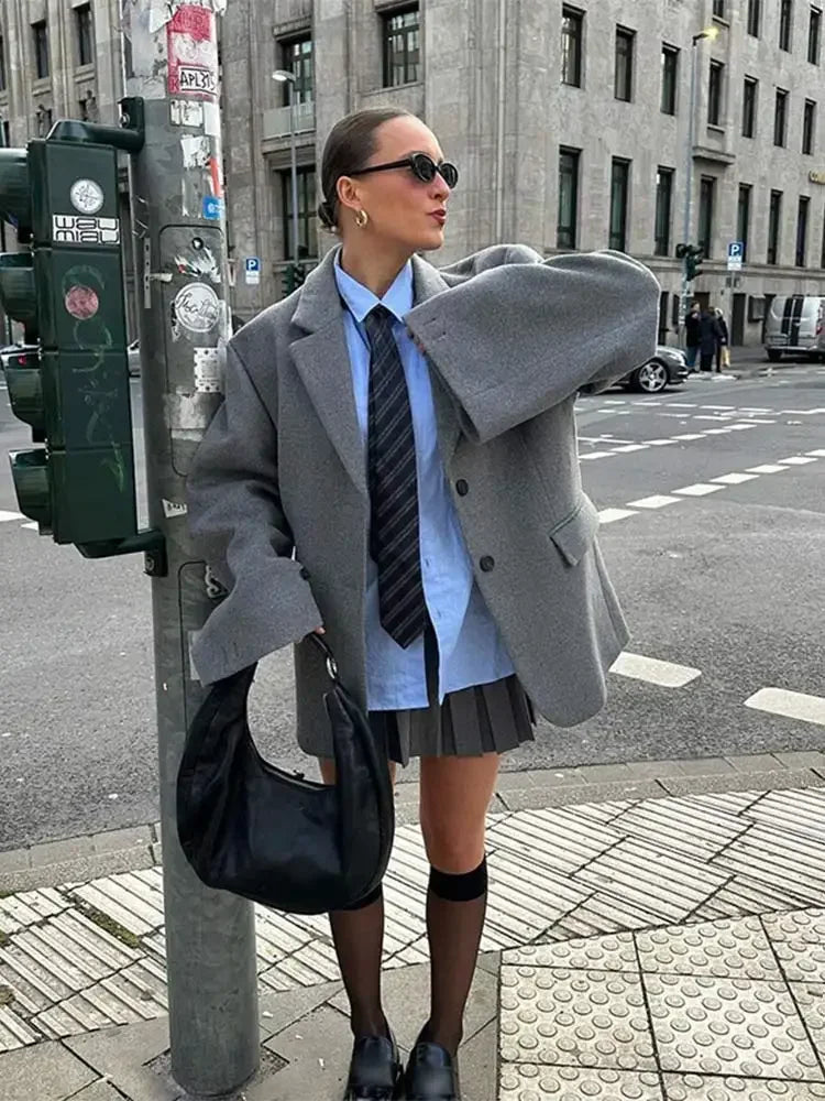 Aiertu  -  Fashion Gray Lapel Blazer Coat Women's Oversized Long Sleeves Pocket Loose Suit Jacket New Casual Office Lady Wool Outerwear Aiertu
