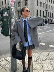 Aiertu  -  Fashion Gray Lapel Blazer Coat Women's Oversized Long Sleeves Pocket Loose Suit Jacket New Casual Office Lady Wool Outerwear Aiertu