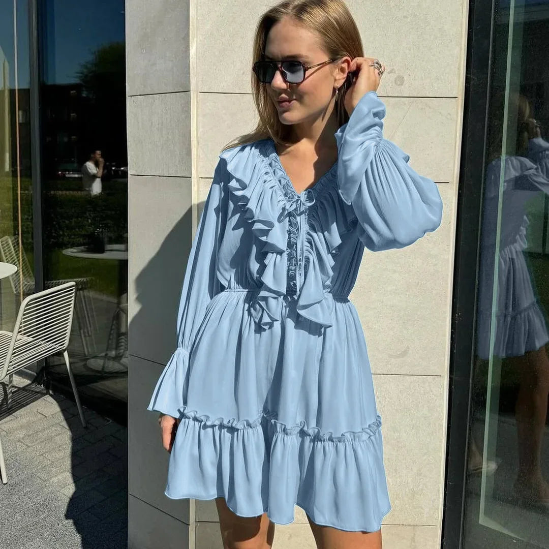 Aiertu  -  2026 Fall V-neck Flare Sleeve Ruffles Short Dresses Streetwear Women's High Waist Lace-up Tunics Ruched A-line Pink Party Dress Aiertu