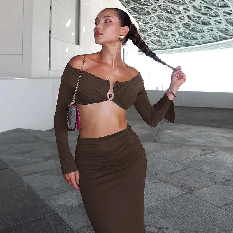 Aiertu  -   Fashion Off Shoulder Ruched Dress Sets Autumn Vacation Beachwear Matching Sets Sexy Split Two Piece Sets Outfits Aiertu