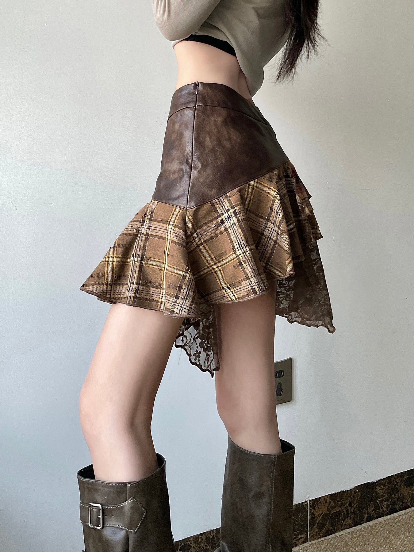 Aiertu - summer inspo American Retro Asymmetrical Women’s Mini Skirts Lace Stripes Plaid Leather Irregular Fashion Chic Design Short Dresses Aiertu
