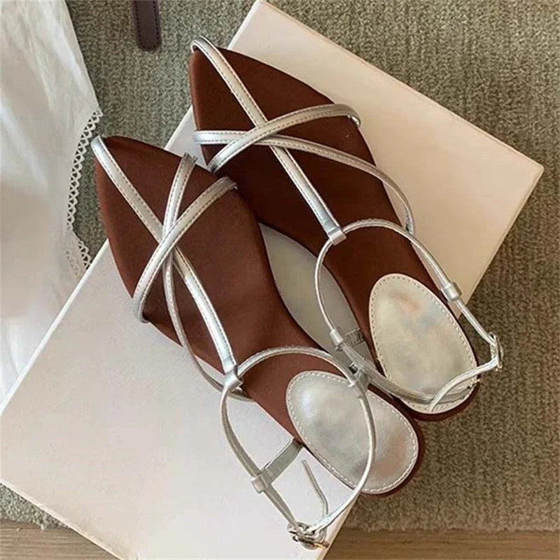 Aiertu  -   2025 Summer Womens Sandals  Fashion Pointed Toe Buckle Strap Narrow Band Low Heels Shoes Zapatos Mujer Aiertu
