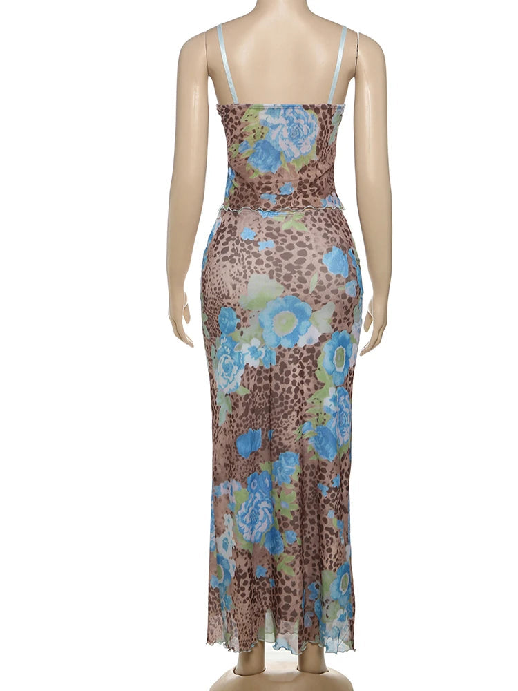 Aiertu  -  Lace Leopard Splice Women 2 Piece Set Hipster Print Summer Vacation Matching Outfits New Low Neck Camisoles+Maxi Skirts Aiertu