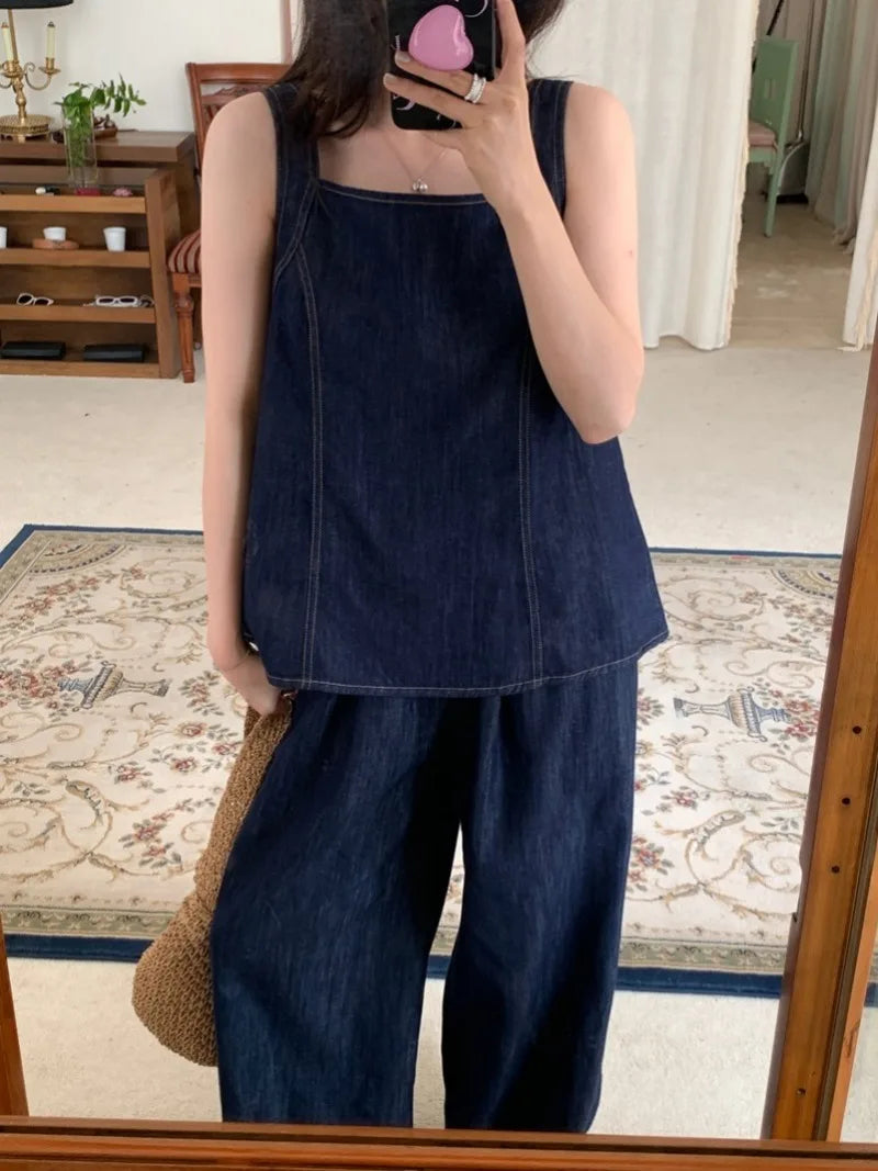 Aiertu  -  Sweet Hot Girl Denim Suit Women's Summer Bow Back Sleeveless Shirt Elastic Waist Wide Leg Pants Two-piece Set Female Clothes Aiertu