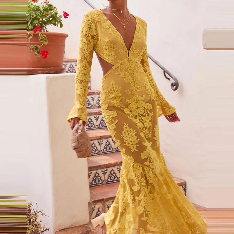Aiertu  -  Elegant See-through Embroidery Party Dress Sexy V-neck Hollow Out Waist Slim Long Dress 2025 Fashion Hight Waist Evening Dress Aiertu