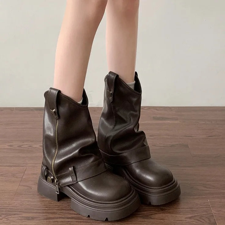 Aiertu    -  Autumn Women's Knee High Boots Western Round Toe Long Boots Women Western Shoes Chunky Heel Platform Women Aiertu