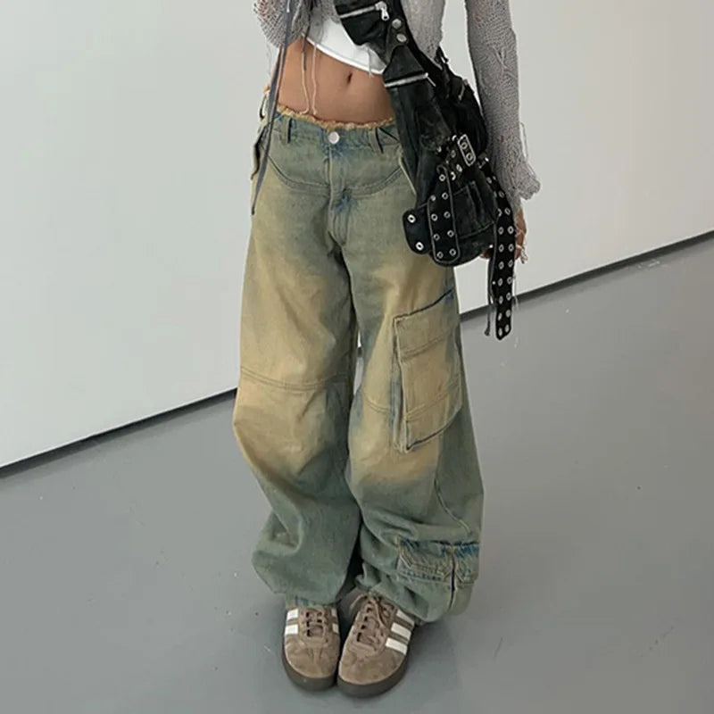 Aiertu  -  y2k Tie Dye Cargo Jeans Big Pockets Low Waisted Baggy Trousers Women Streetwear Korean Fashion 2000s Pants Aesthetic Aiertu