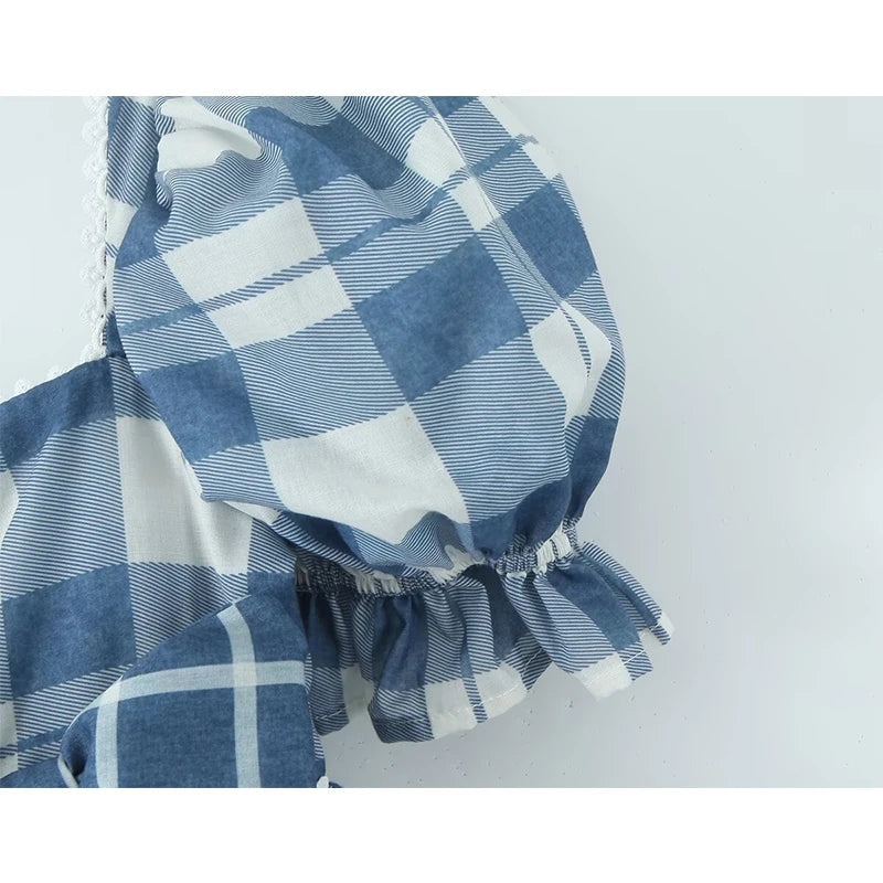 Aiertu  -  Women Bow Plaid  Ball Gown Mini Dress Vintage Puff Sleeve Square Neck Elegant Summer Dresses Party Robe Aiertu