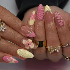 Aiertu  -  24PCS Summer Dopamine Handmade Wearable Fake Nail 3D Water Ripple Flower Designs Press on Nails Sweet Colorful Almond False Nail Aiertu