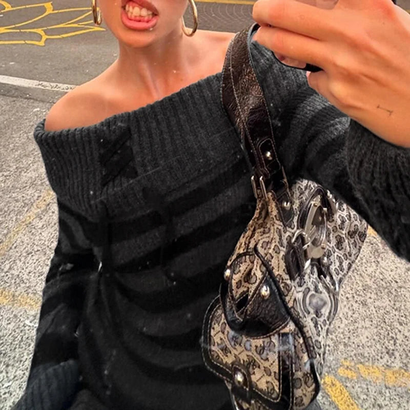 Aiertu  -  cold weather outfits Y2K Striped Off Shoulder Women Sweater Lace-up Chic Stylish High Street 2000s Jumper Autumn Harajuku Knitwear Tops Aiertu