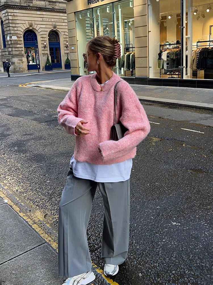 Aiertu     -  Fall Outfits 2026 Casual Pink Women Cashmere Knitted Sweater Drop Shoulder Round Neck Knit Pullover New Autumn Lady Loose Fit Long Sleeve Jumper Aiertu