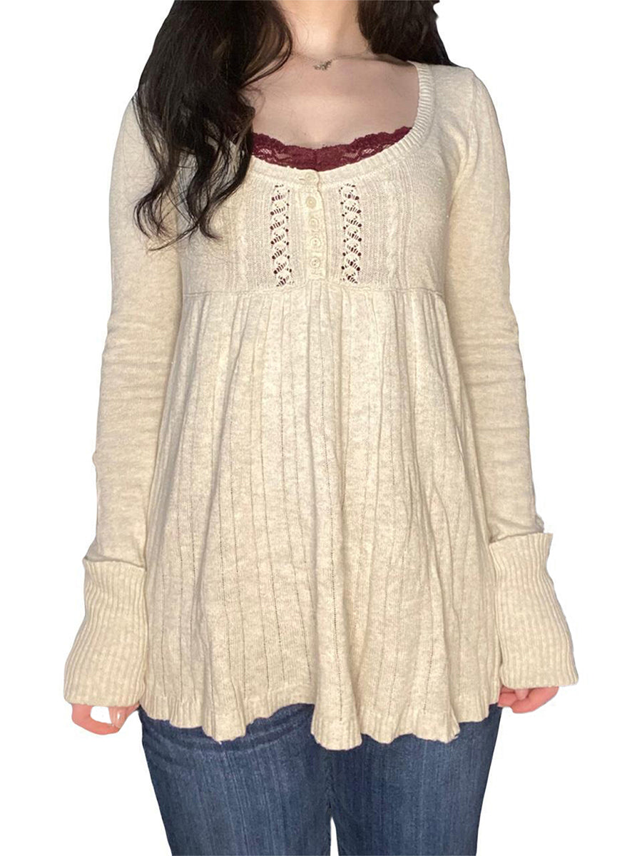 Aiertu  -  Women Vintage Solid Sweater Top Long Sleeve Button Front Knitted Babydoll Top 00S Retro Y2K Fairy Grunge Aesthetic Knitwear Aiertu