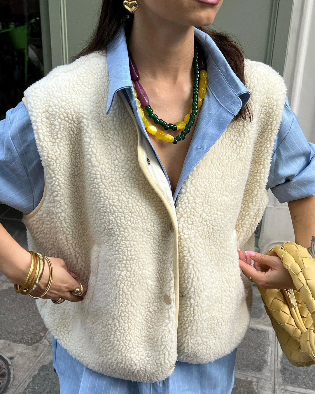 Aiertu  -  Solid Color Sleeveless Single Breasted Lamb Wool Jacket Women Loose V Neck Pocket Vest Coat Autumn Fashion High Street Outerwear Aiertu