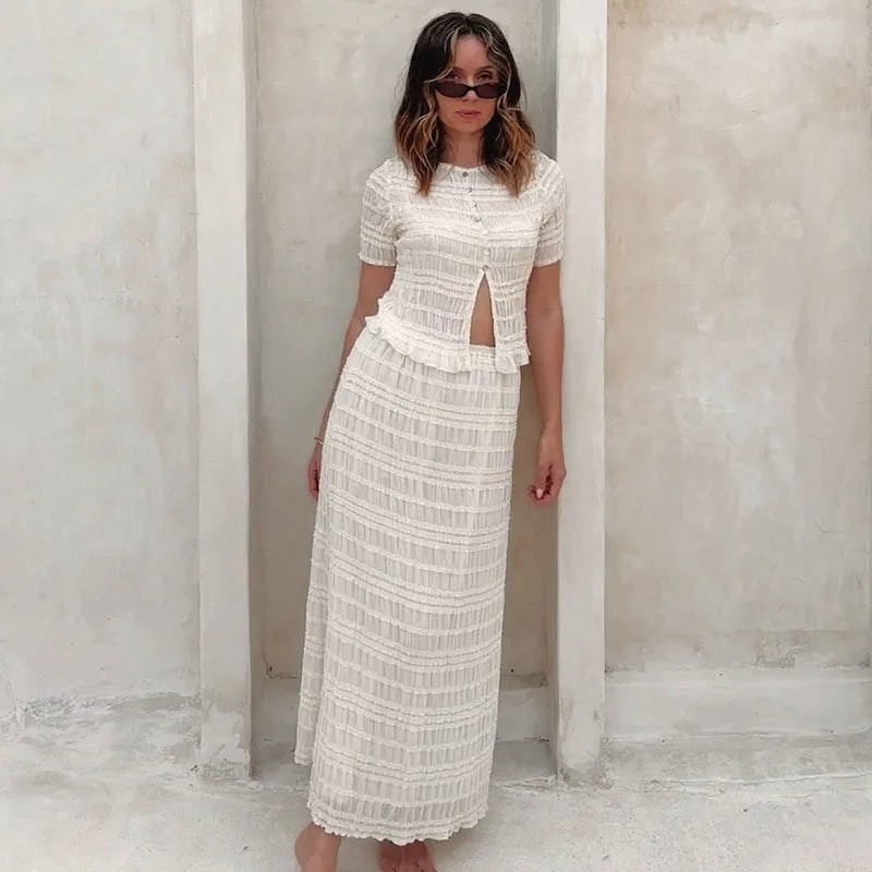 Aiertu  -  Elegant 2 Pieces Suit Women O-neck Short Sleeve Single Breasted Shirt Pleated Long Skirt Female Set 2025 Spring Summer Lady Sets Aiertu