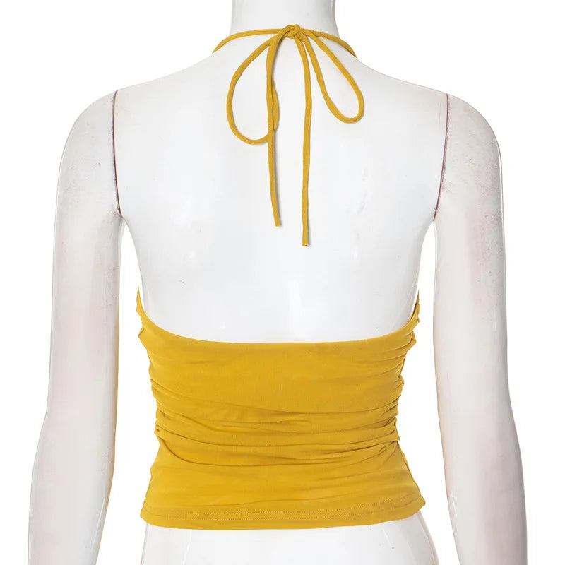 Aiertu  -  Yellow Halter Tank Tops Summer New Women Streetwear Sexy Backless Ruched Slim T-shirts Female Fashion Sleeveless Tops Tee 2025 Aiertu