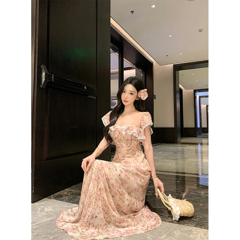Aiertu  -  Vintage Floral Long Dress Women Elegant Vacation Sexy Slash Neck Maxi Dresses Summer Fairy Korean Beach Bodycon Vestidos Aiertu