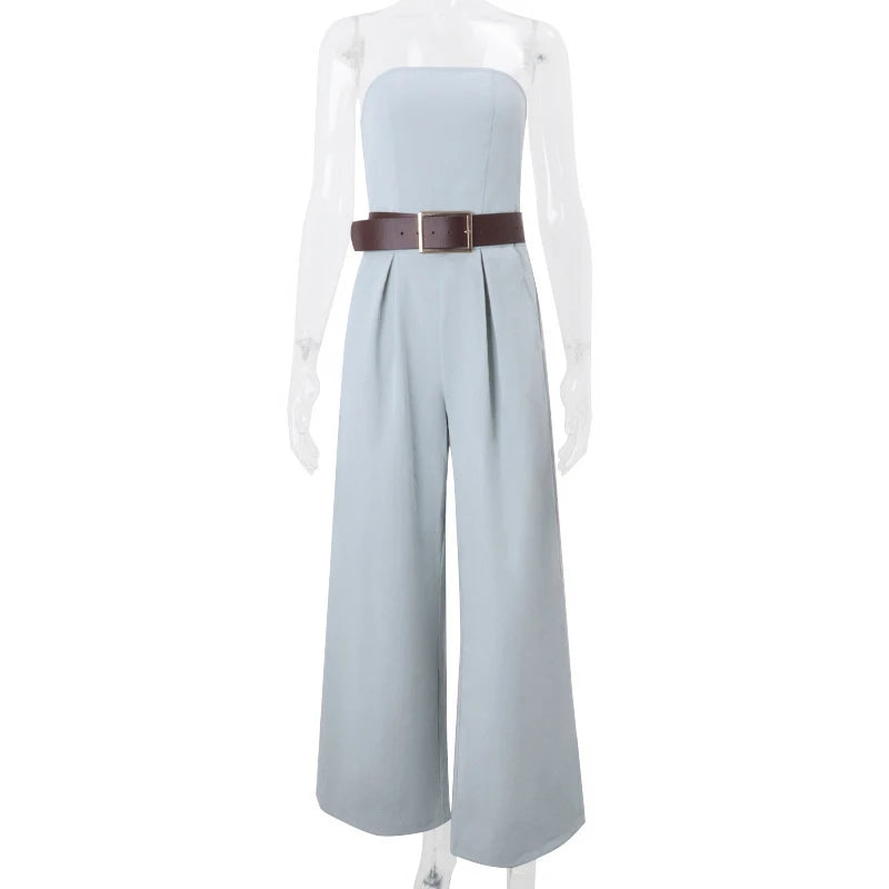 Aiertu  -  Temperament Women Strapless Rompers 2025 Spring Off-shoulder Backless High-waist Folds Jumpsuits Wide Leg Pants With Belted Aiertu