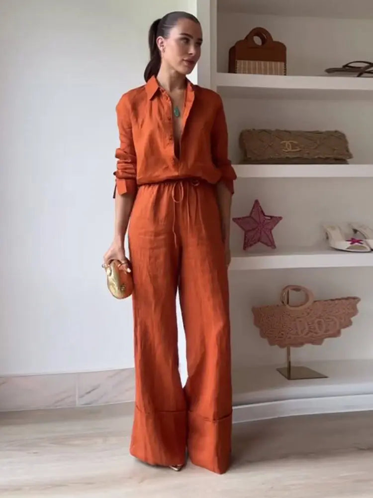 Aiertu  -  Elegant Orange Long Pants Sets For Women Casual Single Breasted Lapel Loose Shirts Wide Leg Straight Trousers Lady 2 Pieces Suit Aiertu