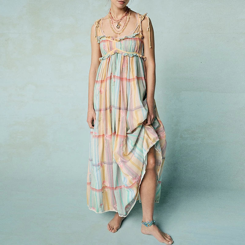 Aiertu  -  Elegant Tie-up Hight Waist Long Dress Women Sexy V-neck Sleeveless  Suspender Dress Fashion Colorful Striped Pleated Party Dress Aiertu