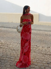 Aiertu  -  Ribbon Scarf Printed Strapless Dress Backless Sexy Slimming Vacation Beach Lady Maxi Long Dress Party Robes Women's Clothing Aiertu