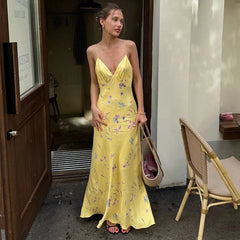 Aiertu  -  Low Cut Spaghetti Strap Sleeveless Floral Print Backless Slim Fit Maxi Dress Summer Trendsetter Streetwear Vestidos Aiertu