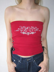 Aiertu  -Letter Print Side Tie Contrast Tube Top aiertu