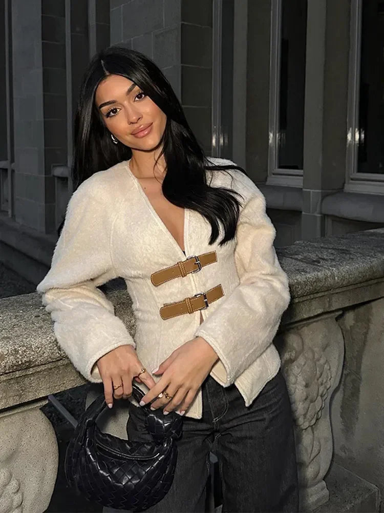 Aiertu  -  Chic Leather Belt V-neck Cardigan Jacket For Women Elegant Long Sleeved Outerwear 2026 New Autumn Female High Streetwear Aiertu