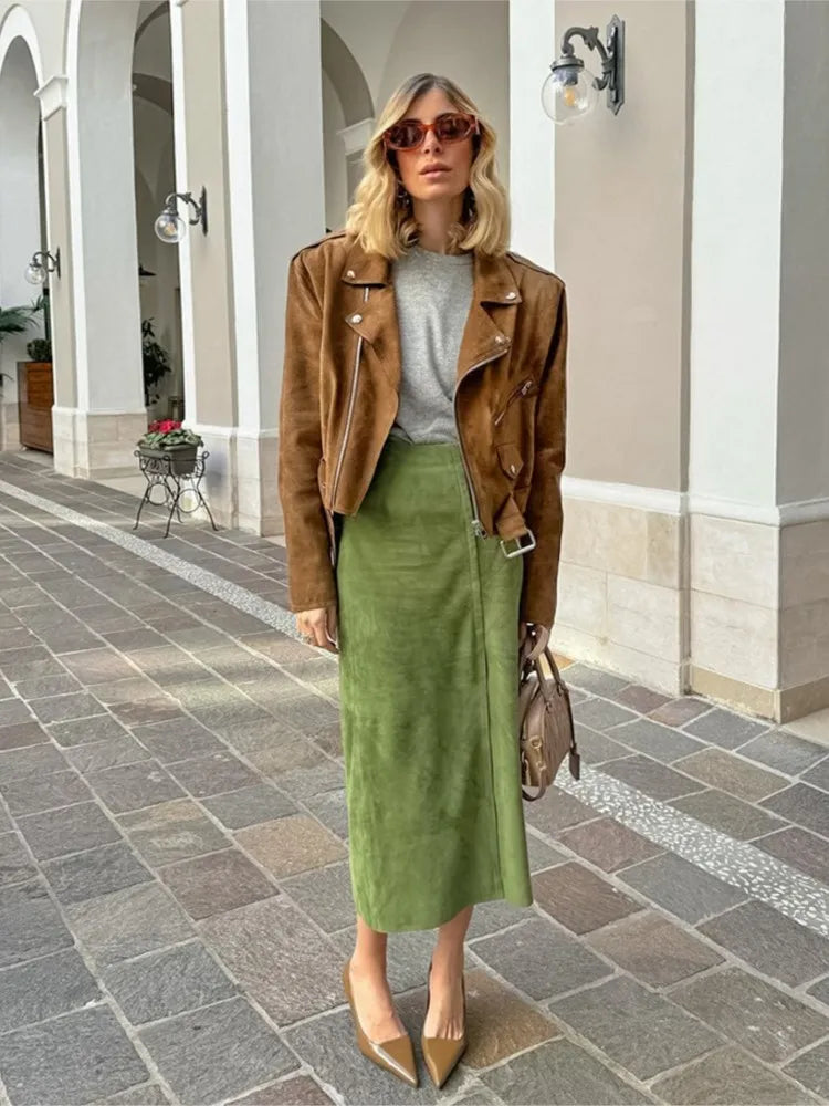 Aiertu  -  New Green Suede Chic Autumn Women Skirt Zipper High Waist Fashion Long Skirts Slit Eleagnt Lady Straight Skirt Winter New Aiertu