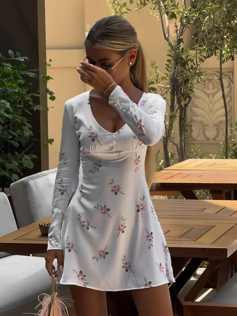 Aiertu  -  2026 Fall Vintage Floral Print Short Dress Streetwear Office Lady V-neck Long Sleeve Tunics A-line Satin White Holiday Dresses Aiertu