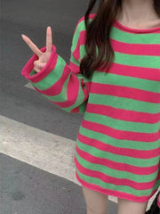 Aiertu  -  Casual Striped Sweater Women Sweet Preppy Style Long Sleeve Pullover Knitted Oversize Korean Fashion Tops Autumn Winter Aiertu