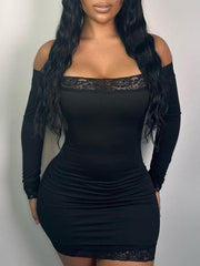 Aiertu - summer inspo Solid Slim Lace Trim Off Shoulder Long Sleeve Black Short Dress Women Elegant Sexy Party Dresses Aiertu