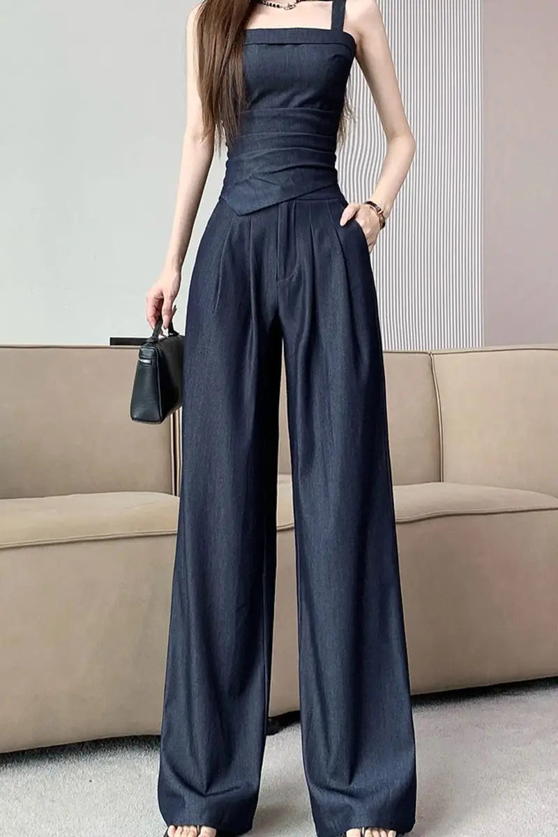 Aiertu  -  Sweet Hot Girl Pure Sexy Suit Women's Summer Denim Camisole Vest High Waist Wide Leg Pants Two-piece Set Fashion Female Clothes Aiertu