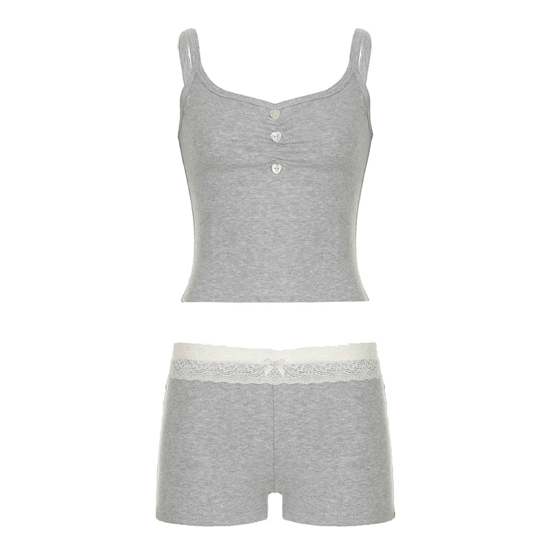 Aiertu  -  Lace Waist Casual 2 Piece Sets Loungewear Contrast Color Women Shorts Suit Buttons Shirring Camisole Mini Shorts Summer Aiertu
