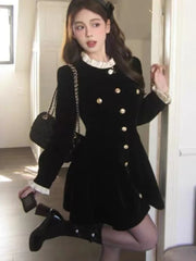 Aiertu  -   party look snspos Autumn Black Velvet Dresses for Women Long Sleeve Single Breasted Evening Party Dress Korean Fashion A-line Vestido Mujer New Aiertu