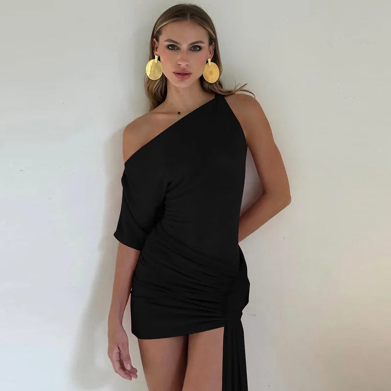 Aiertu  -  2025 Spring New Mini Dress Women's Sexy Slanted Collar Single Sleeve Tight Dress Irrgular Ribbon Party Ruched Dress Lady Aiertu