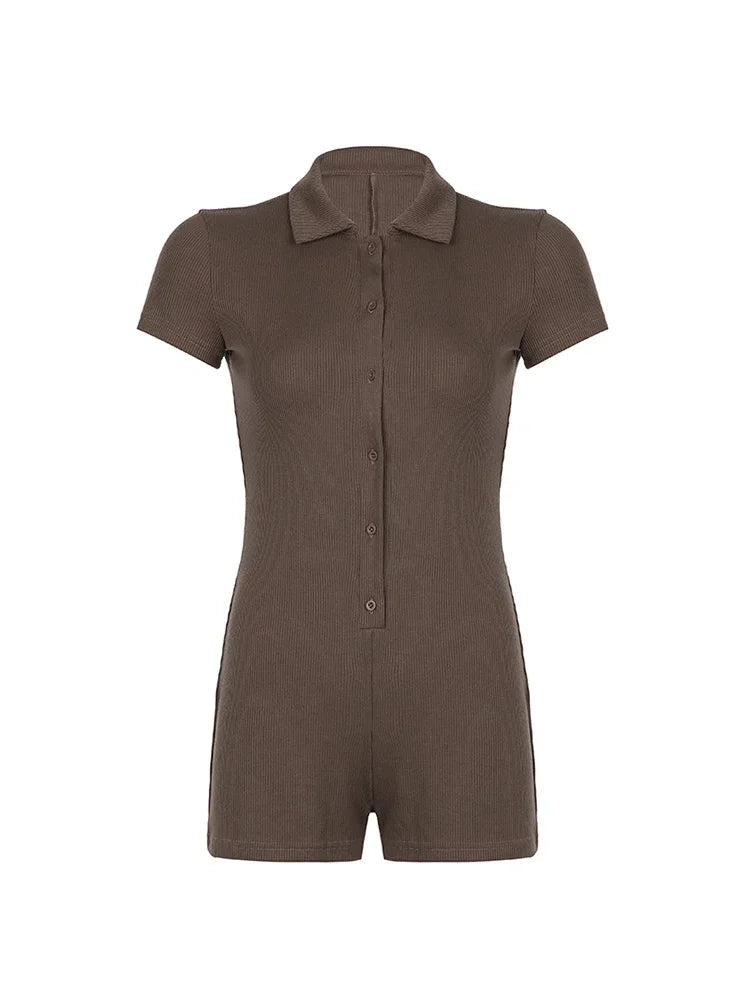 Aiertu  -  Solid Button Up Turn Down Collar Short Sleeve Slim Ribbed Rompers Womens Playsuit Basic Vintage Casual Summer Shirts Aiertu