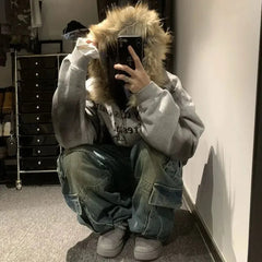 Aiertu  Gothic Harajuku Streetwear Jacket American Retro Printed Oversized Sweatshirt Women Punk Personality Fur Collar Zipper Hoodie Aiertu
