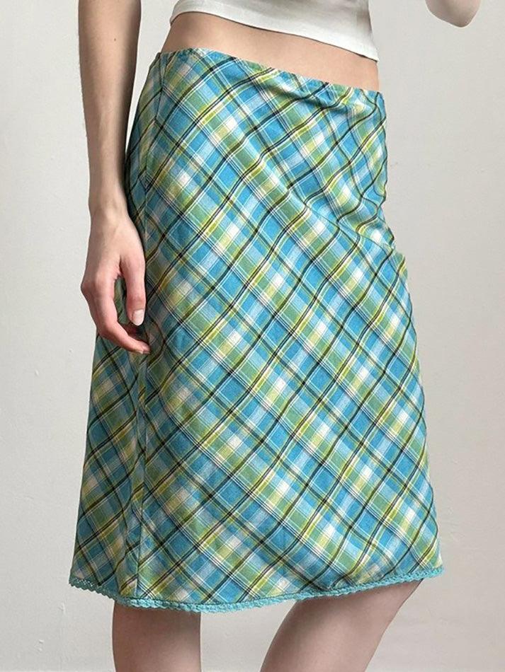 Aiertu  -Vintage Lace Trim Contrast Plaid Midi Skirt aiertu