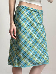 Aiertu  -Vintage Lace Trim Contrast Plaid Midi Skirt aiertu